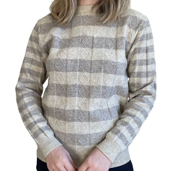 Vintage 80s Womens Brown Cream Striped 100% Lambswool Soft Crewneck Sweater Sz M - Picture 6 of 7